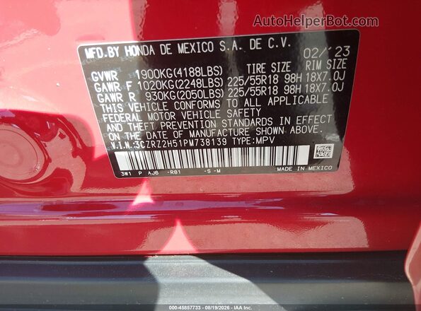 3CZRZ2H51PM738139 2023 HONDA HR-V Red Widok komory silnika