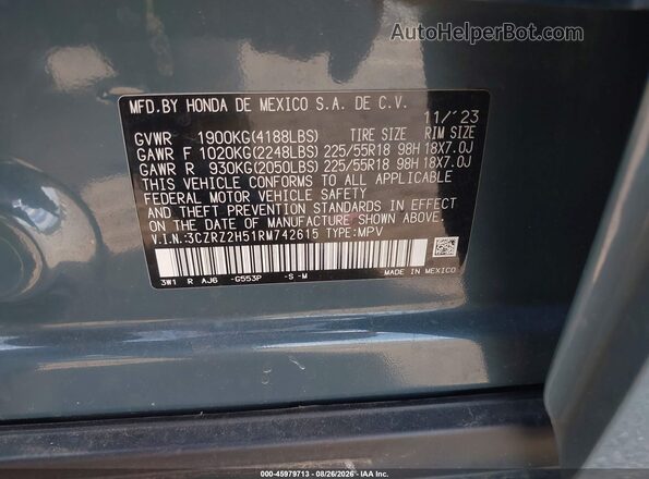 3CZRZ2H51RM742615 2024 HONDA HR-V Dark Blue ძრავის განყოფილების ხედი