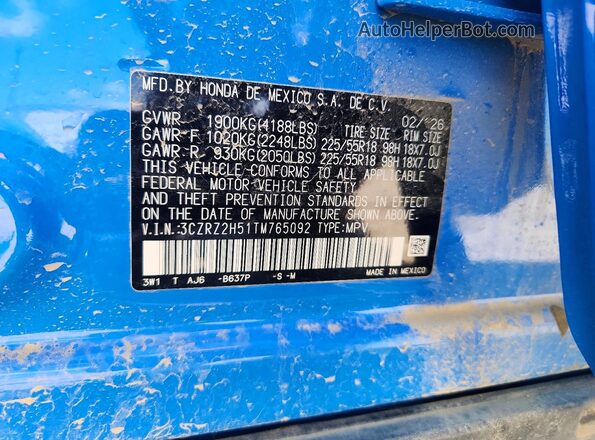 3CZRZ2H51TM765092 2026 HONDA HR-V Blue ძრავის განყოფილების ხედი