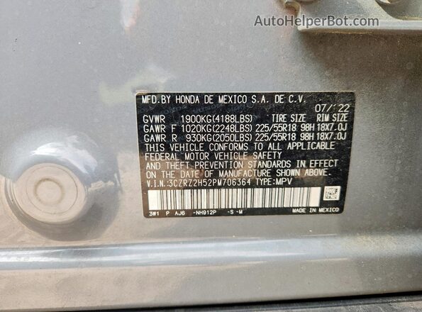 3CZRZ2H52PM706364 2023 HONDA HR-V Gray VIN კოდის სტიკერის ხედი