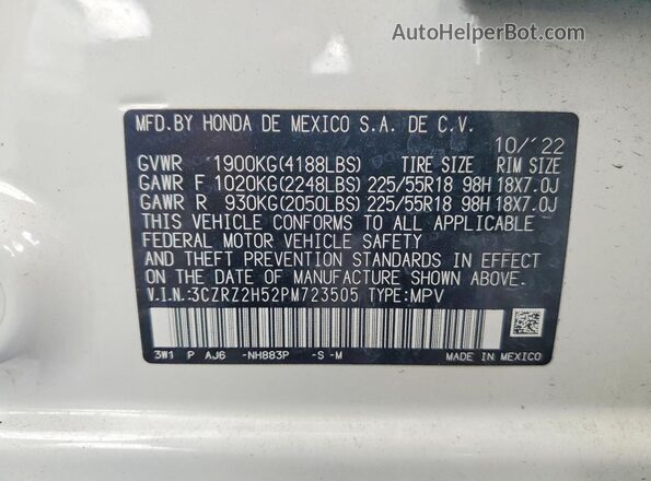 3CZRZ2H52PM723505 2023 HONDA HR-V White Vista de la etiqueta del VIN