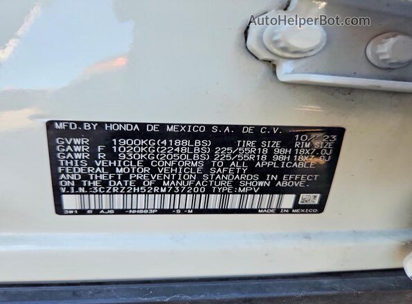 3CZRZ2H52RM737200 2024 HONDA HR-V Белый Вид наклейки с VIN-кодом