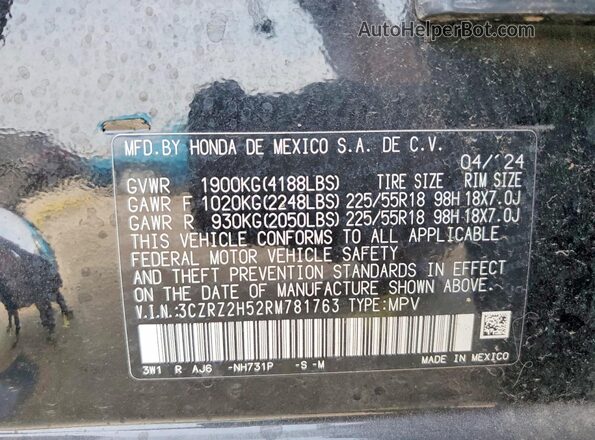 3CZRZ2H52RM781763 2024 HONDA HR-V Black სალონის 360-გრადუსიანი ხედი