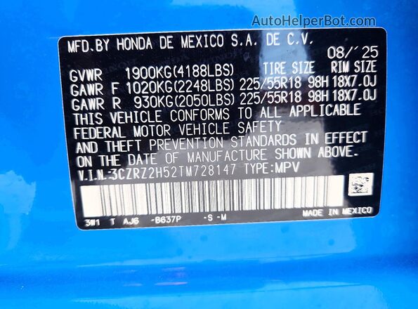 3CZRZ2H52TM728147 2026 HONDA HR-V Blue 360 interior view