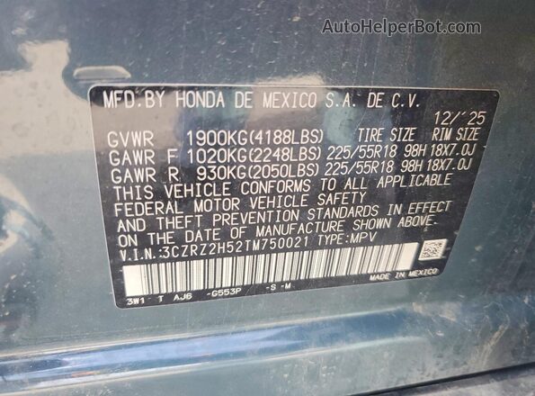 3CZRZ2H52TM750021 2026 HONDA HR-V Gray VIN կոդի պիտակի տեսք