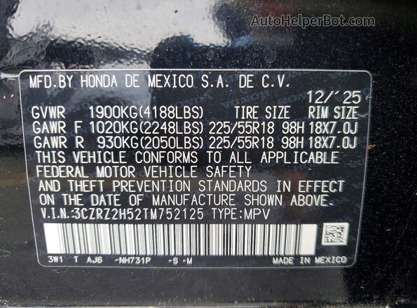 3CZRZ2H52TM752125 2026 HONDA HR-V Black Панорамний вид салону 360°