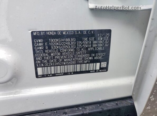 3CZRZ2H52TM754280 2026 HONDA HR-V White VIN sticker view