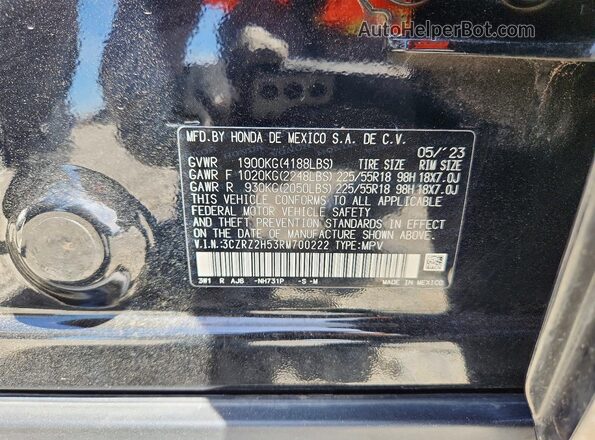 3CZRZ2H53RM700222 2024 HONDA HR-V Black Widok naklejki z numerem VIN