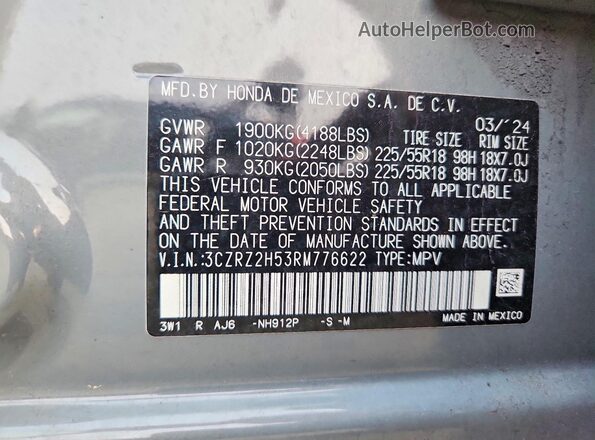 3CZRZ2H53RM776622 2024 HONDA HR-V Gray VIN կոդի պիտակի տեսք