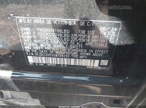 3CZRZ2H53SM729290 2025 HONDA HR-V Black Engine compartment view