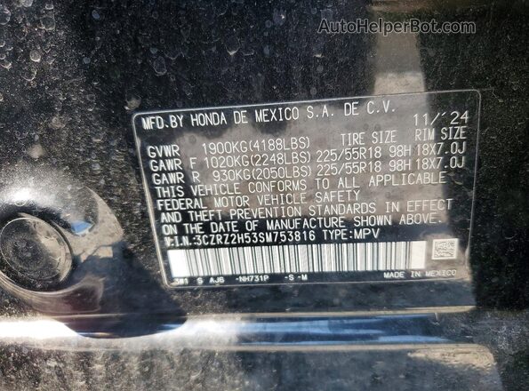 3CZRZ2H53SM753816 2025 HONDA HR-V Black Vista de la etiqueta del VIN