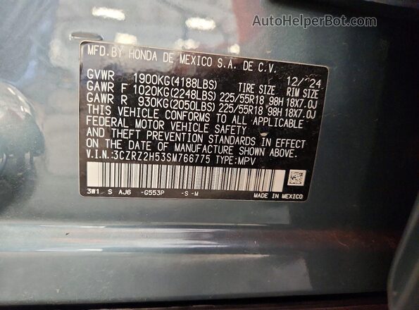 3CZRZ2H53SM766775 2025 HONDA HR-V Синий Вид наклейки с VIN-кодом