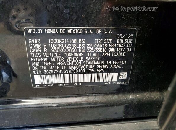 3CZRZ2H53SM790199 2025 HONDA HR-V Black Вид наклейки з VIN-кодом