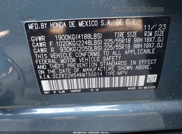 3CZRZ2H54RM750014 2024 HONDA HR-V Blue Widok komory silnika