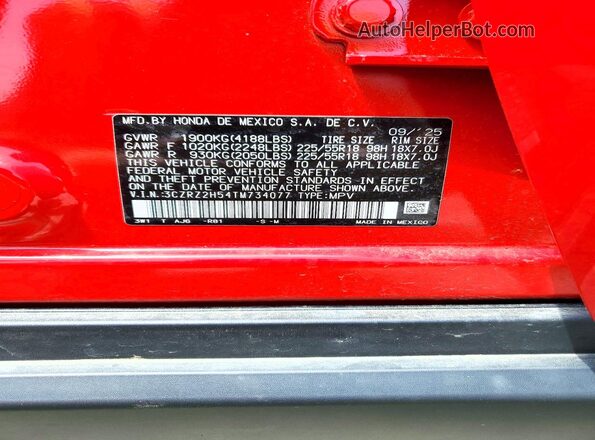 3CZRZ2H54TM734077 2026 HONDA HR-V Red Vista de la etiqueta del VIN