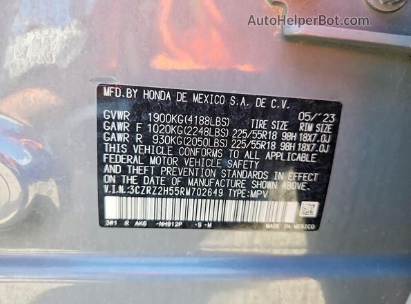 3CZRZ2H55RM702649 2024 HONDA HR-V Blue VIN კოდის სტიკერის ხედი