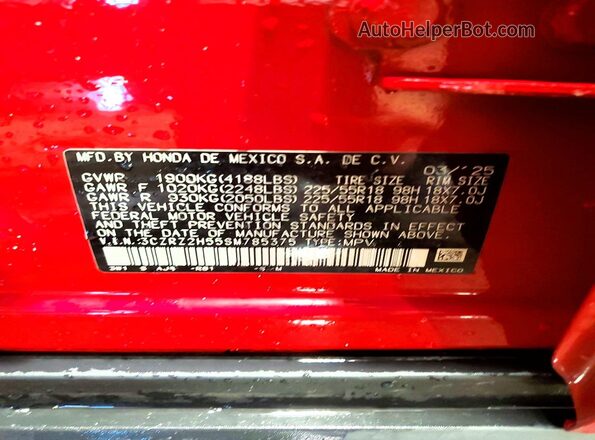 3CZRZ2H55SM785375 2025 HONDA HR-V Red Widok naklejki z numerem VIN