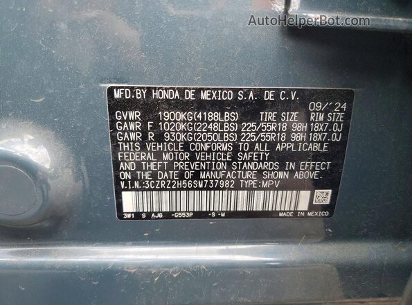 3CZRZ2H56SM737982 2025 HONDA HR-V Бирюзовый Вид наклейки с VIN-кодом