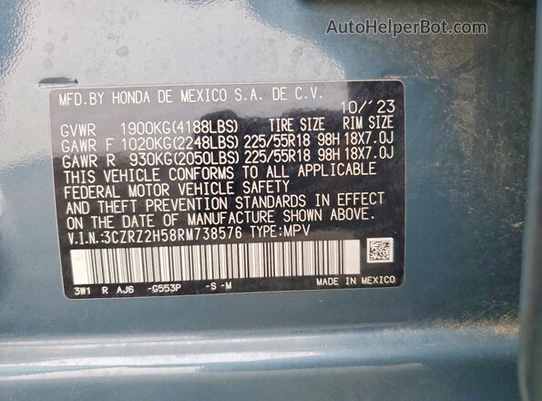 3CZRZ2H58RM738576 2024 HONDA HR-V Blue Vista del compartimento del motor