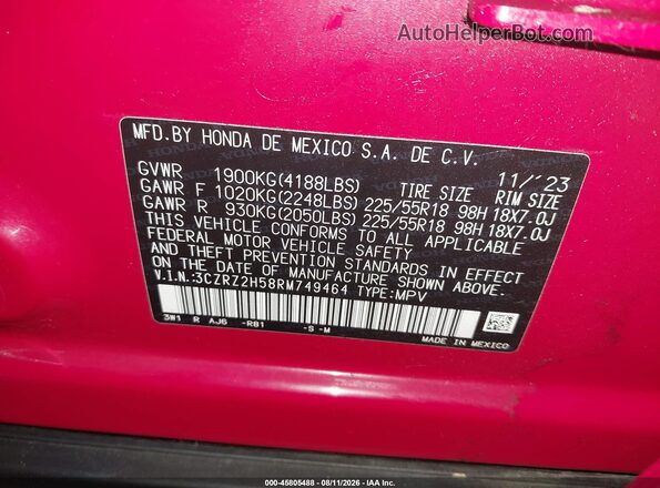 3CZRZ2H58RM749464 2024 HONDA HR-V Red Շարժիչի բաժամունքի տեսք