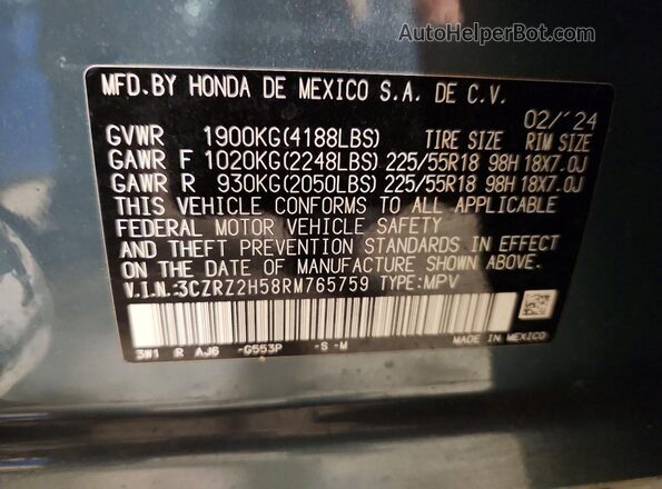 3CZRZ2H58RM765759 2024 HONDA HR-V Blue Vista de la etiqueta del VIN