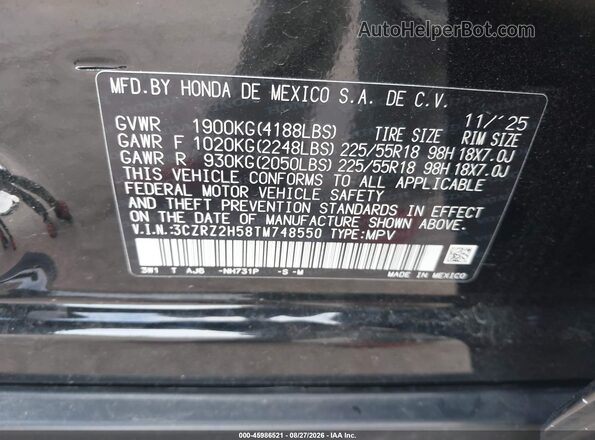 3CZRZ2H58TM748550 2026 HONDA HR-V Black ძრავის განყოფილების ხედი