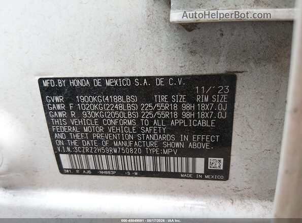 3CZRZ2H59RM750820 2024 HONDA HR-V White Вид підкапотного простору