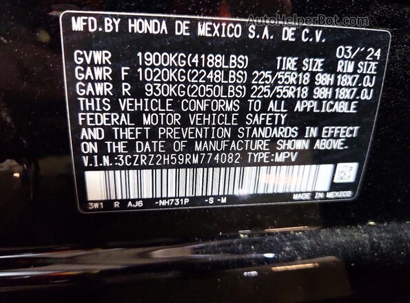 3CZRZ2H59RM774082 2024 HONDA HR-V Black VIN կոդի պիտակի տեսք