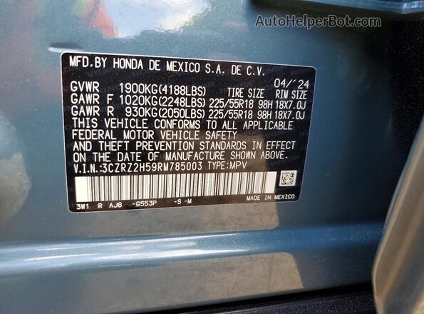 3CZRZ2H59RM785003 2024 HONDA HR-V Blue VIN კოდის სტიკერის ხედი
