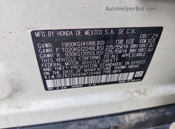 3CZRZ2H59SM729486 2025 HONDA HR-V White Շարժիչի բաժամունքի տեսք