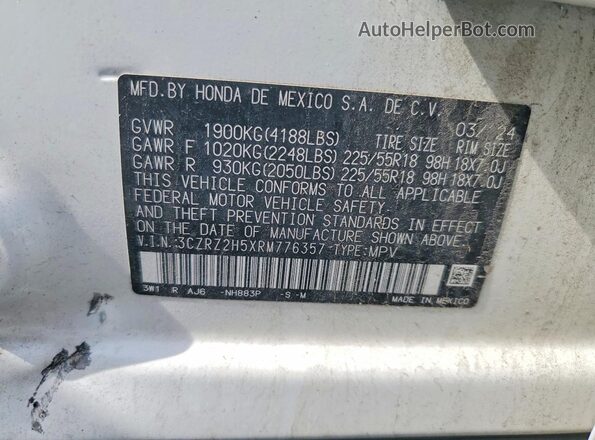 3CZRZ2H5XRM776357 2024 HONDA HR-V White VIN կոդի պիտակի տեսք