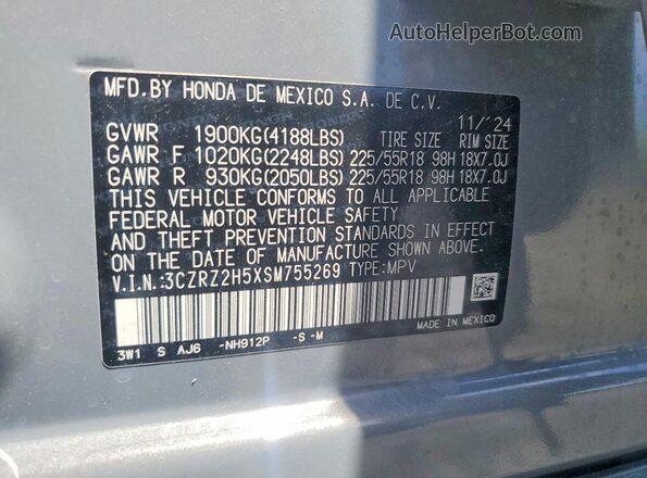 3CZRZ2H5XSM755269 2025 HONDA HR-V Gray Вид наклейки з VIN-кодом