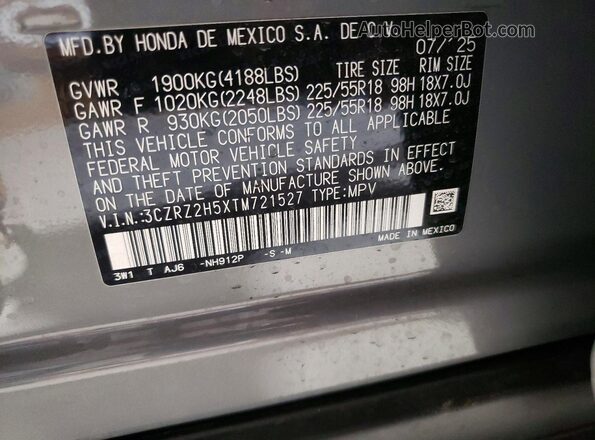 3CZRZ2H5XTM721527 2026 HONDA HR-V Gray Вид наклейки з VIN-кодом