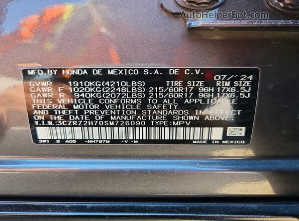 3CZRZ2H70SM726090 2025 HONDA HR-V Charcoal Vista de la etiqueta del VIN