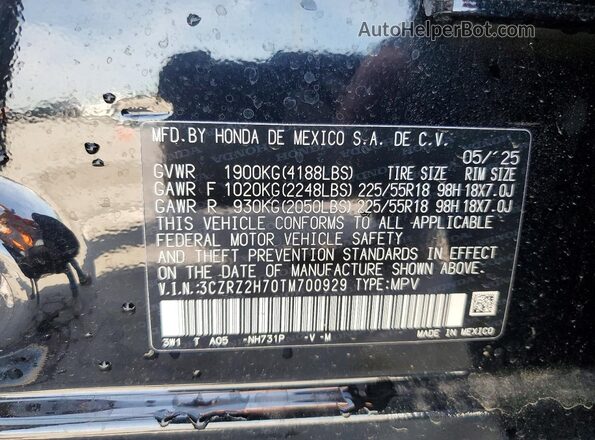 3CZRZ2H70TM700929 2026 HONDA HR-V Black Vista interior de 360 grados