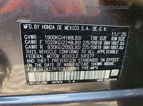 3CZRZ2H70TM749449 2026 HONDA HR-V Gray Вид наклейки з VIN-кодом