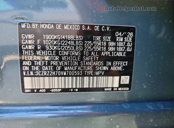 3CZRZ2H70VM700593 2027 HONDA HR-V Blue VIN კოდის სტიკერის ხედი