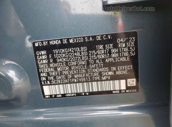 3CZRZ2H71PM749613 2023 HONDA HR-V Blue VIN sticker view