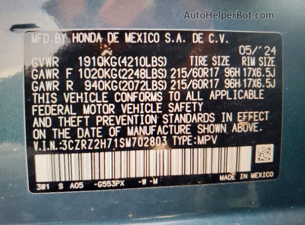 3CZRZ2H71SM702803 2025 HONDA HR-V Бирюзовый Вид наклейки с VIN-кодом