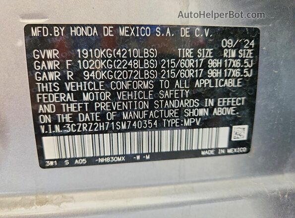 3CZRZ2H71SM740354 2025 HONDA HR-V Gray Вид наклейки з VIN-кодом