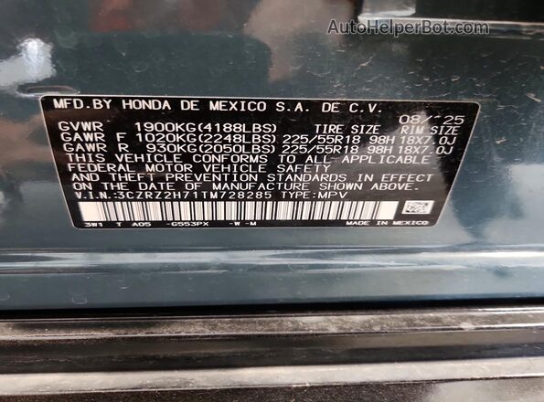 3CZRZ2H71TM728285 2026 HONDA HR-V Blue Widok naklejki z numerem VIN