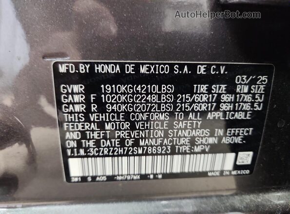 3CZRZ2H72SM786923 2025 HONDA HR-V Gray VIN կոդի պիտակի տեսք