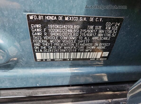 3CZRZ2H73RM772118 2024 HONDA HR-V Blue Շարժիչի բաժամունքի տեսք