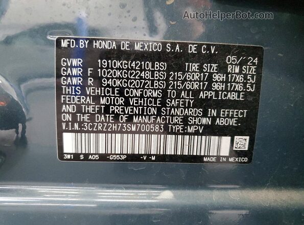 3CZRZ2H73SM700583 2025 HONDA HR-V Blue VIN კოდის სტიკერის ხედი