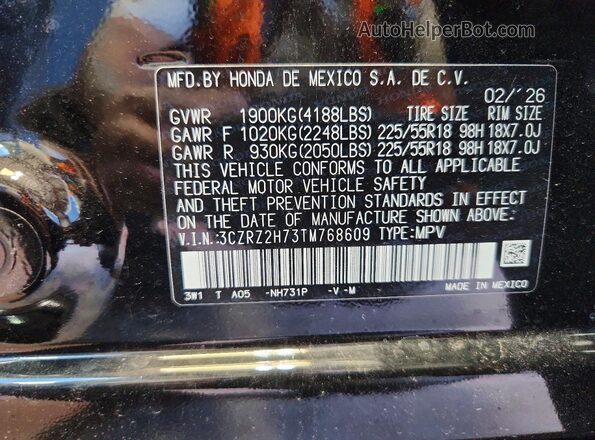 3CZRZ2H73TM768609 2026 HONDA HR-V Black Widok wnętrza 360 stopni