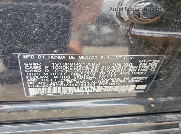 3CZRZ2H74RM758308 2024 HONDA HR-V Black VIN sticker view