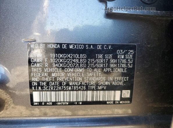 3CZRZ2H75SM785426 2025 HONDA HR-V Gray VIN კოდის სტიკერის ხედი