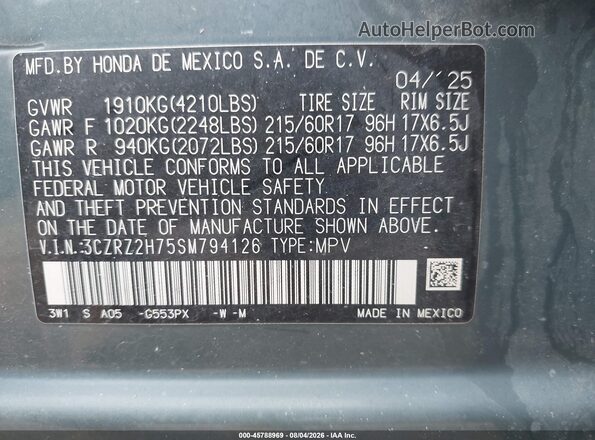 3CZRZ2H75SM794126 2025 HONDA HR-V Blue Շարժիչի բաժամունքի տեսք