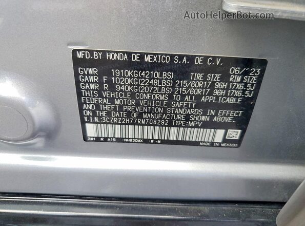 3CZRZ2H77RM708292 2024 HONDA HR-V Silver VIN კოდის სტიკერის ხედი