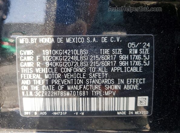 3CZRZ2H78SM701681 2025 HONDA HR-V Черный Вид наклейки с VIN-кодом